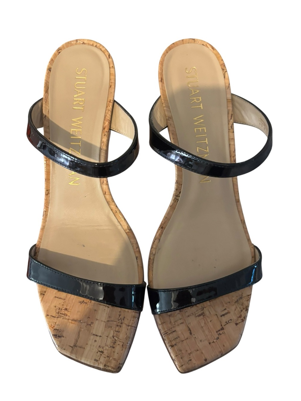 Stuart Weitzman Black Patent Double-Strap Cork Wedge Sandals Women’s Size 8 - Picture 3 of 8